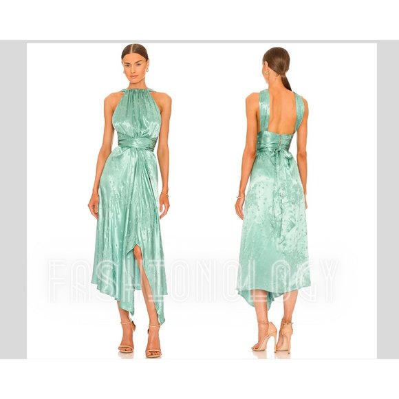 Sabina Musayev Juniper Halter Satin Jacquard Midi Dress In Spearmint Floral US S